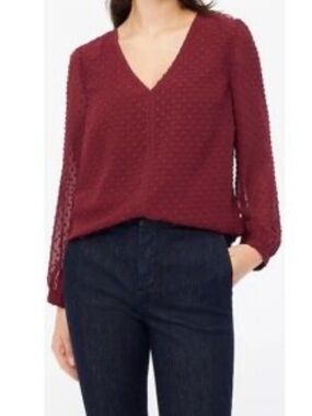 J Crew Factory Women’s V-Neck Textured Swiss Dot Long-Sleeve Top - Burgundy NWT